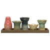 Eclectic Stoneware Vase and Votive Holders on Tray, Set of 6 Pieces, Multicolor