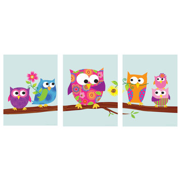 Pink Owls On A Branch Print, 3-Piece Set, 8"