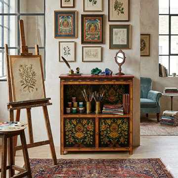 Chinese Tibetan Treasure Color Flower Graphic Credenza Storage Cabinet cs5804