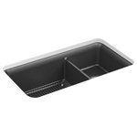 Kohler - Kohler Cairn Neoroc Undermount 2-Bowl L/M Kitchen Sink With Rack, Matte Graphite - With soft French curves, the Cairn sink offers transitional style to suit contemporary and traditional kitchens alike. The Cairn sink is made of KOHLER Neoroc(R), a matte-finish composite material designed for extreme durability and unmatched beauty. Richly colored to complement any countertop, Neoroc resists scratches, stains, and fading and is highly heat- and impact-resistant. This sink includes a rack for the large basin to keep the surface looking new.