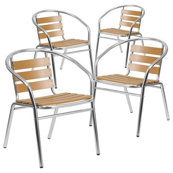 Commercial Indoor-Outdoor Stack Chairs With Triple Slat Faux Teak Back, Set of 4