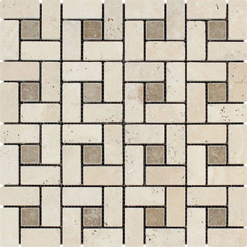 Ivory Travertine Large Pinwheel Mosaic With Noce Dots, 1 X 2 Tumbled