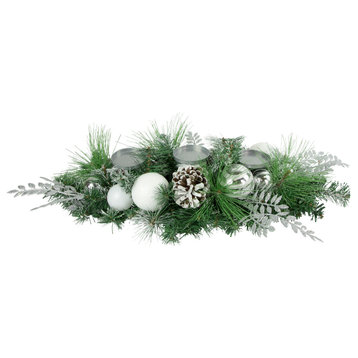 30" Green Pine & Needle Triple Candle Holder w/ Pinecones & Christmas Ornaments