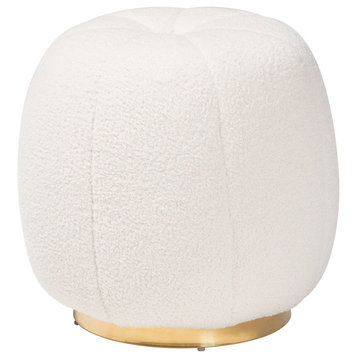 Modern and Contemporary Ivory Boucle Upholstered and Gold Metal Ottoman