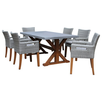 7-Piece Dining Table With Composite Concrete Top and Light Gray Chairs