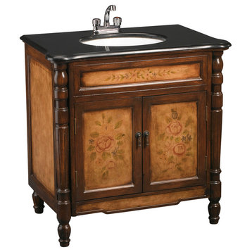Brown Vanity Sink With Floral Design And Black Granite