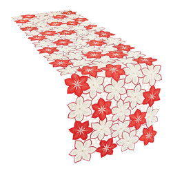 Xia Home Fashions - Candy Cane Poinsettia Embroidered Cutwork Christmas Table Runner, 15''x54'' - Table Runners