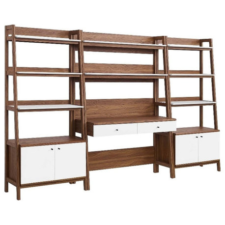 Modway Bixby 3-Piece Wood Office Desk and Bookshelf in Walnut/White