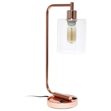 Simple Designs Iron Lantern Desk Lamp With Usb Port And Glass Shade, Rose Gold
