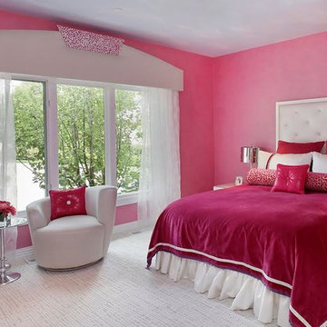 Vivid Pink and Red Teen's Bedroom with Tufted Headboard, Modern Tub Chair, Arche