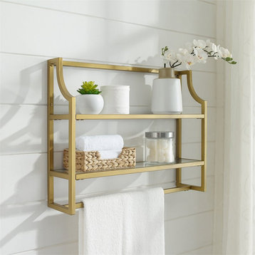 Pemberly Row 2-Shelf Modern Metal/Glass Wall Shelf in Gold/Clear