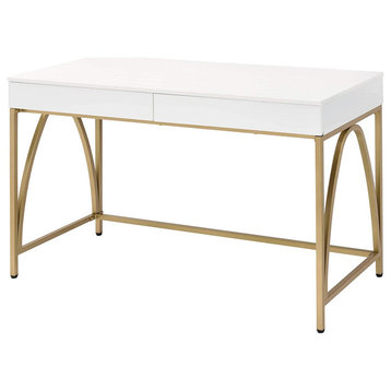 Elegant Desk, Golden Frame With Curved Accents and 2 Drawers, High Gloss White
