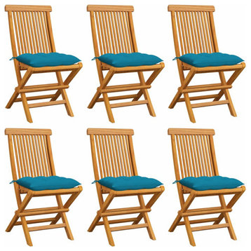 vidaXL Patio Chairs 6 Pcs Folding Chair with Light Blue Cushions Solid Wood Teak