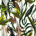 BME Furniture Inc. - Strelitzia Green 32'x20.8" Wallpaper - A bold floral wallpaper with striking green leafy details will add a tropical flair to your space.  The bird of paradise flower flourishes throughout this pattern and is complimented with a white background.  This wallpaper brings a fresh and energizing feel to any room.