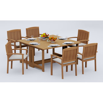7-Piece Outdoor Teak Set, 60" Square Butterfly Table, 6-Wave Stacking Arm Chairs