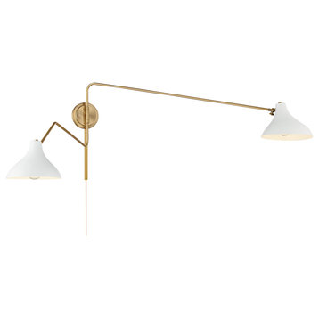 2-Light Wall Sconce, Matte Black With Natural Brass, White With Natural Brass