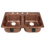 Sinkology - Santi 33" Drop-in Copper Double Bowl Kitchen Sink, 4-Hole Left Side - There's never enough space in the cabinet under your sink. The Santi copper kitchen sink offers rear offset drains to keep the pipes in the back of your cabinet and maximize your space without impacting the size of your sink. The double bowl design allows space for washing and drying at the same time. Our durable, solid copper sinks are hand-hammered by skilled craftsman and protected by our lifetime warranty.