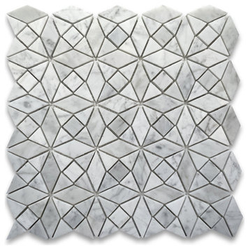 Carrara Marble Kaleidoscope Pattern Diamond Mix Mosaic Tile Honed, 1 sheet