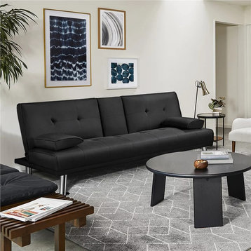 Modern Futon, Polyester Seat With Removable Arms & Drop Down Cup Holders, Black