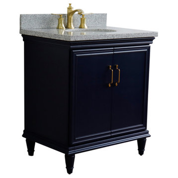 31" Single Vanity, Blue Finish With Gray Granite And Oval Sink