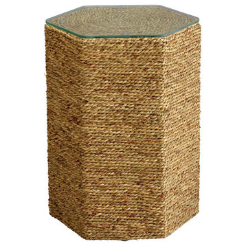 Hexagon Minimalist Twisted Sea Grass Rope Drum Accent Table Natural Coastal