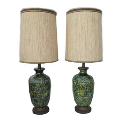 Mid Century Modern Green Glazed Tribal Ceramic Lamp Set of 2 - Lamp Sets