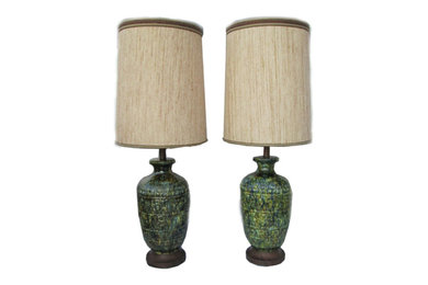 Mid Century Modern Green Glazed Tribal Ceramic Lamp Set of 2