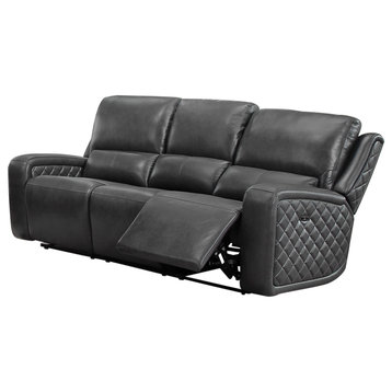 Dean Leather Power Reclining Sofa, Power Headrest, Gray