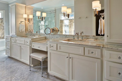 Design ideas for a traditional master bathroom in Dallas with an undermount sink, shaker cabinets, white cabinets, marble benchtops, an undermount tub, a corner shower, gray tile, mosaic tile and marble floors.