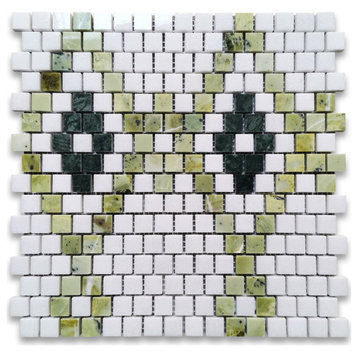Thassos White Marble Square Diamond Mosaic Tile Green Marble Polished, 1 sheet