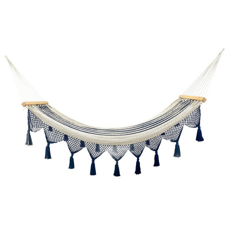 Colonial Navy Blue Cotton Hammock with Tassels (Wooden Bar)