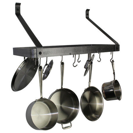 Handcrafted 30" Bookshelf Wall Rack w Straight Arms & 12 Hooks Hammered Steel