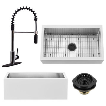 33" Single Bowl Farmhouse Solid Surface Sink and Faucet Kit, Chrome/Black