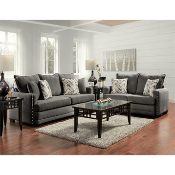 Pemberly Row Loveseat With Nailheads and Accent Pillows in Charcoal