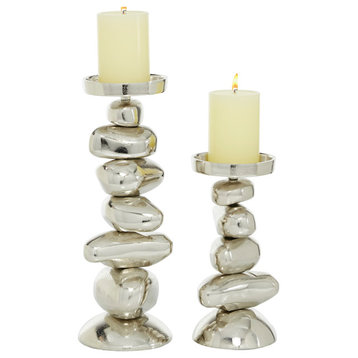 Contemporary Silver Aluminum Metal Candle Holder Set 80789