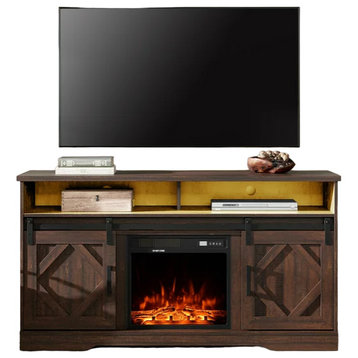 Farmhouse Fireplace TV Stand, Brown Wood Frame With Sliding Doors, Yellow Lights