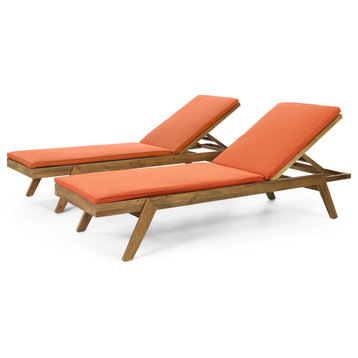 Larimore Outdoor Acacia Wood Chaise Lounge with Cushions (Set of 2), Orange + Teak