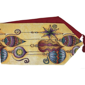Elegant Ornaments Table Runner, Colorful Golden Holiday Tapestry, 13" X 90"