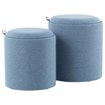 Tray Contemporary Nesting Ottoman Set, Blue Fabric/Natural Wood