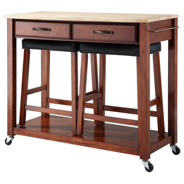 Natural Wood Top Kitchen Cart, Classic Cherry, 24" Upholstered Saddle Stools