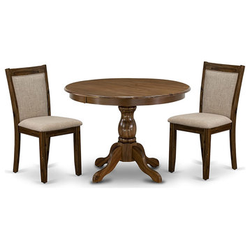 3 Pieces Dining Set, Chairs With Linen Cushioned Seat & Back, Walnut