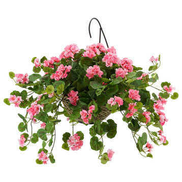 Artificial Pink Geranium in Handle Hanging Basket, White Water Hyacinth