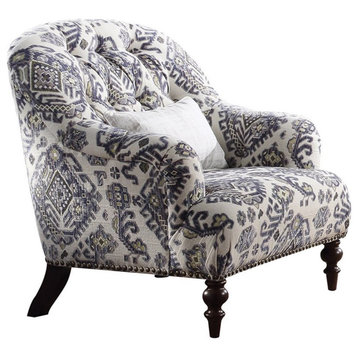 ACME Saira Tufted Accent Chair with 1 Pillow in Light Gray and Blue Fabric