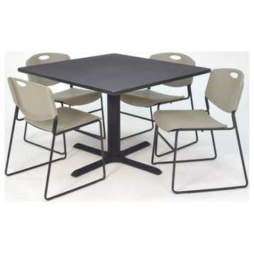 Cain 48" Square Breakroom Table, Gray and 4 Zeng Stack Chairs, Gray