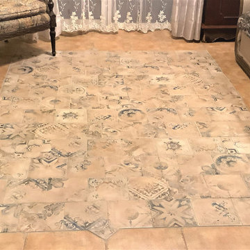 Pink rug inlay exactly sofa's color