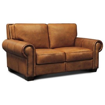 Pemberly Row Top Grain Hand Antiqued Leather Loveseat in Tan Brown