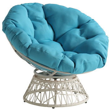 Papasan Chair With Blue Round Pillow Cushion and Cream Wicker Weave
