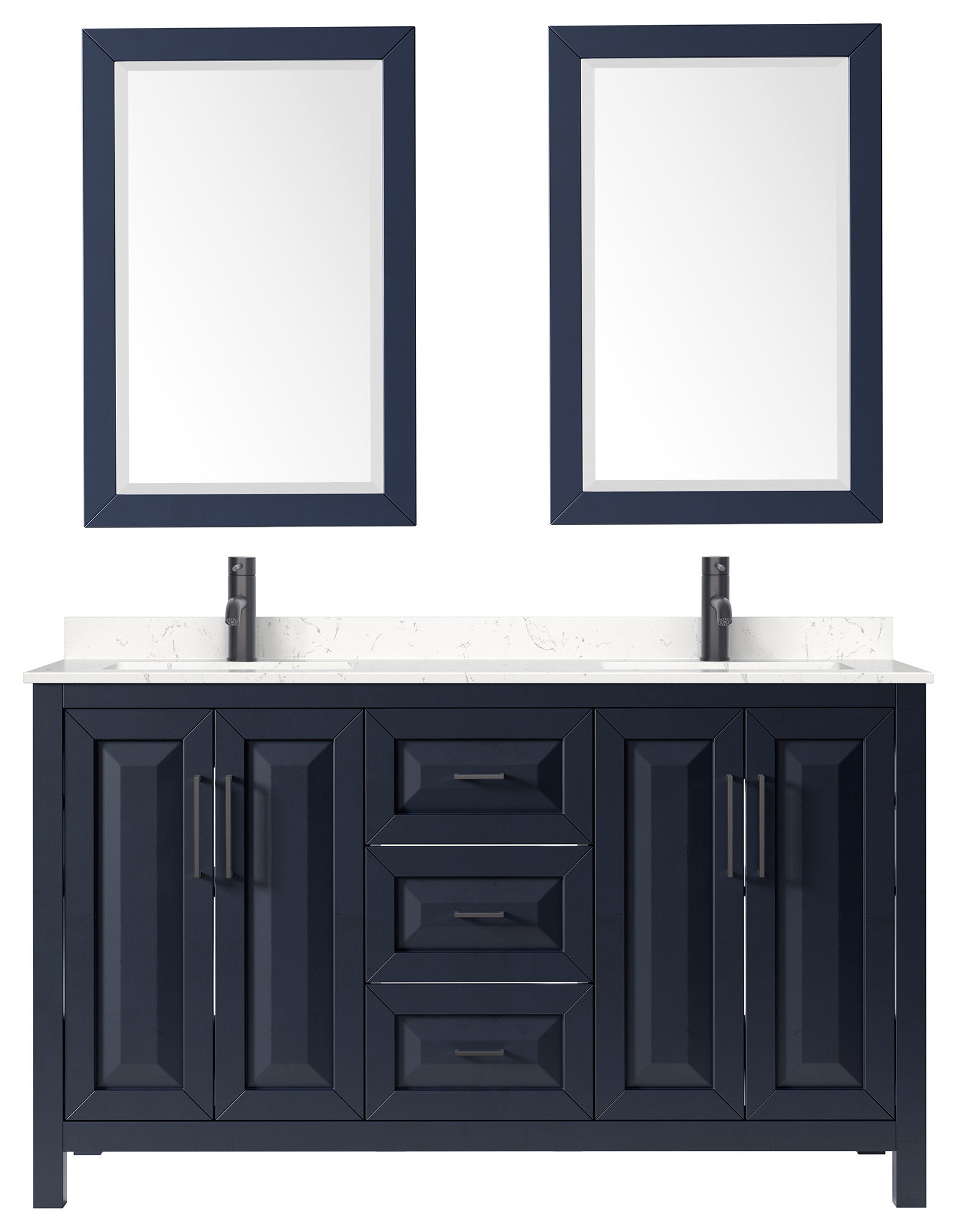 Daria 60" Dark Blue Double Vanity, Carrara Marble Top, Black Trim, 24 ...