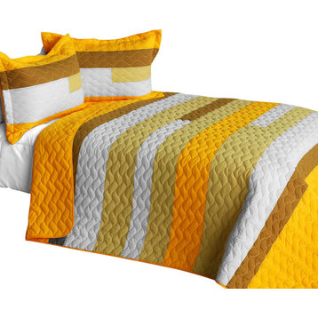 Smashing 3PC Cotton Vermicelli-Quilted Patchwork Striped Quilt Set-Full/Queen Si