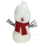 Northlight - 17" Retro Christmas White Snowman, Red Scarf Table Top Decoration - From the Retro Christmas Collection This jolly snowman would make an adorable addition to your holiday or winter decor  Snowman has a fluffy white hat accented with clear glitter Cozy red cable knit scarf Twig arms are lightly glittered for an added wintry effect  Dimensions: 17"H x 12.25"W x 7.5"D Material(s): foam/polyester/twig/plastic